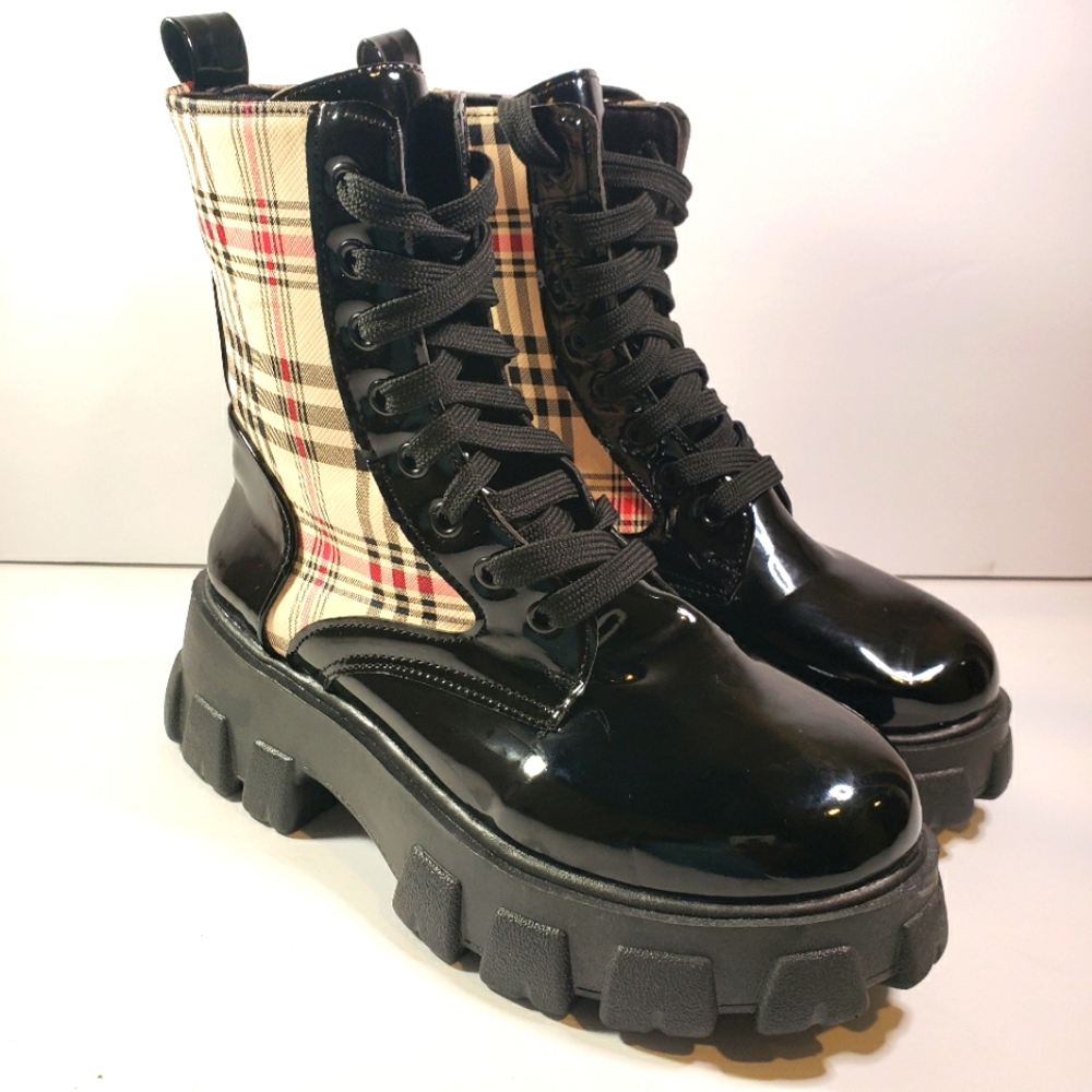 Plaid red black and tan chunky platform heel combat boot, 90's, patent leather